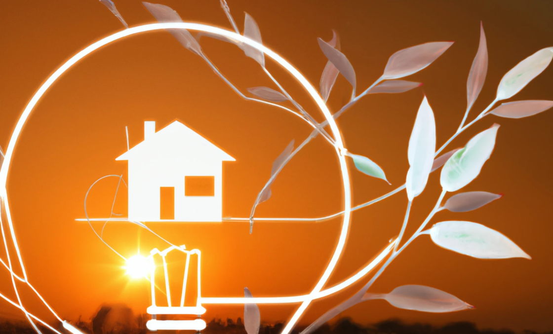 immagine di copertina di un articolo sul consumo energetico. è una grafica con una casa e in sfondo un tramonto arancione.