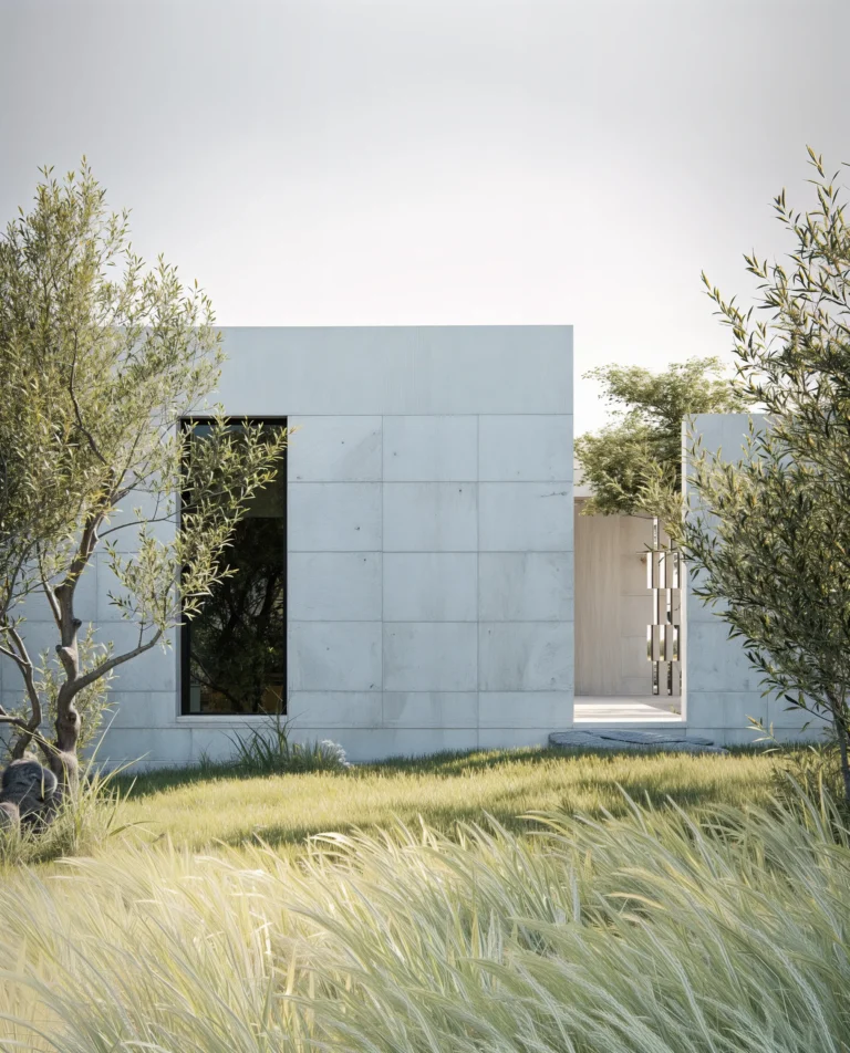 Villa Vaddeddi a Noto: volume bianco squadrato con alta finestra verticale, tra ulivi e graminacee spontanee.