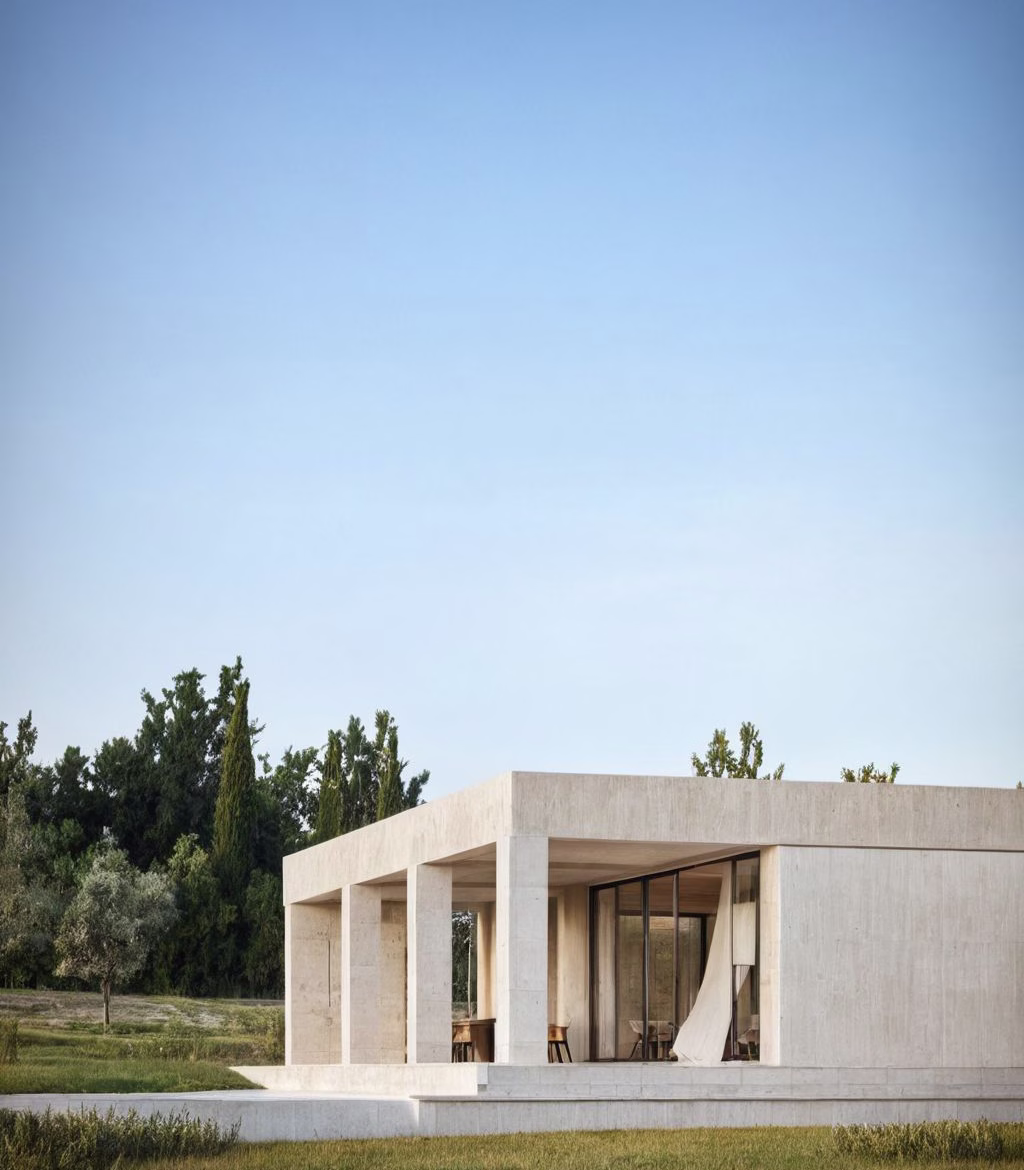 Fronte con portico a pilastri e tenda in lino di Villa Vaddeddi, fra i cipressi della contrada Vaddeddi a Noto.
