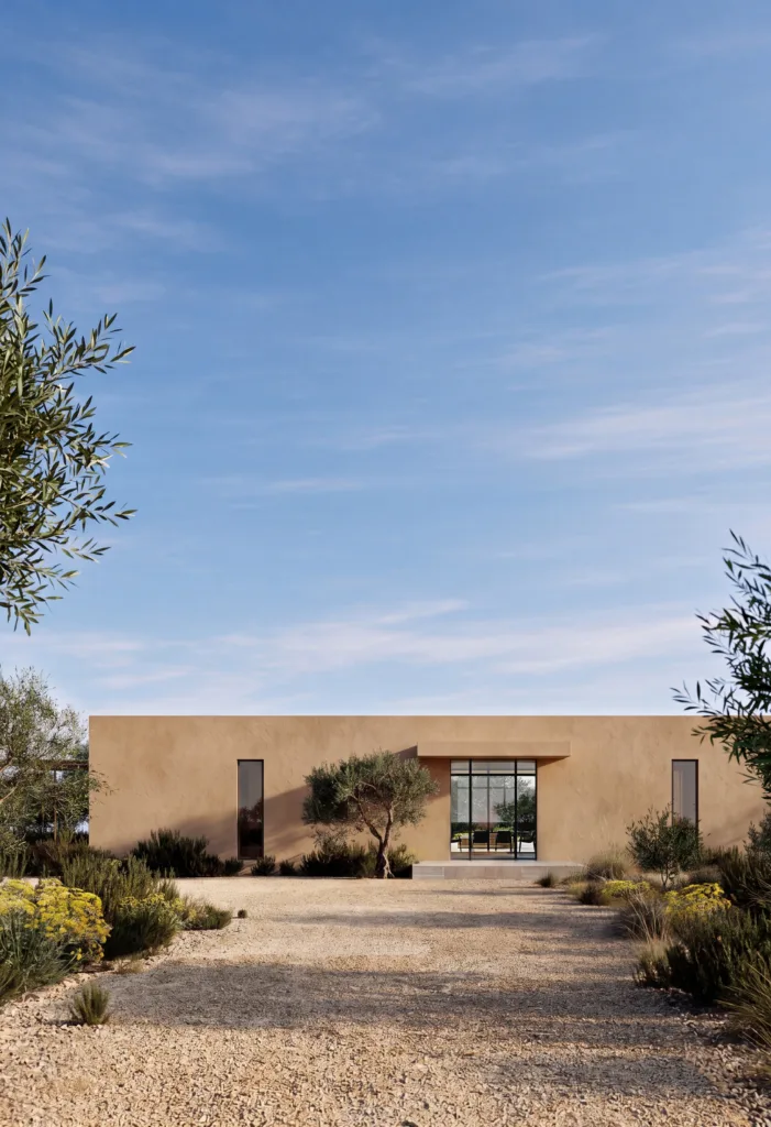 Prospetto lineare di Casa Controra, villa contemporanea a Noto con intonaco materico color terra e vialetto in ghiaia.