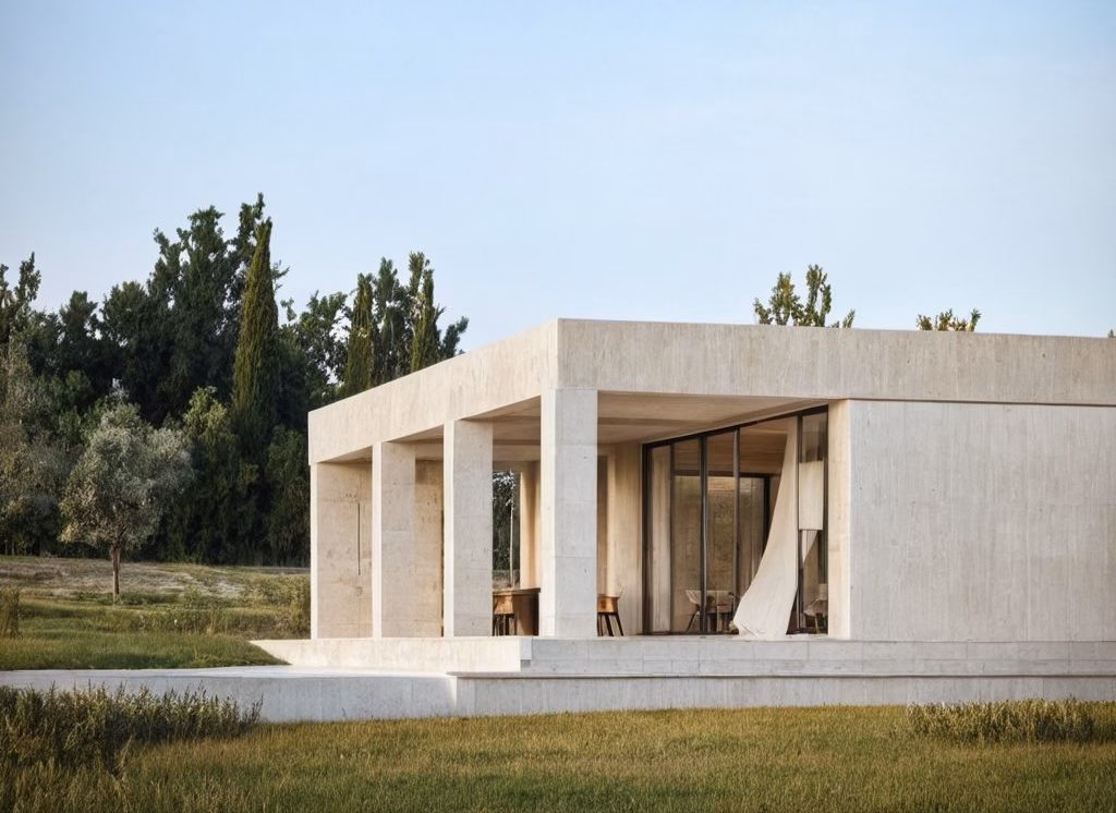 Fronte con portico a pilastri e tenda in lino di Villa Vaddeddi, fra i cipressi della contrada Vaddeddi a Noto.