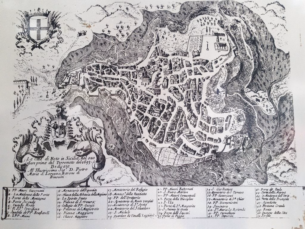 mappa dell'antica Noto distrutta dal terremoto del 1693